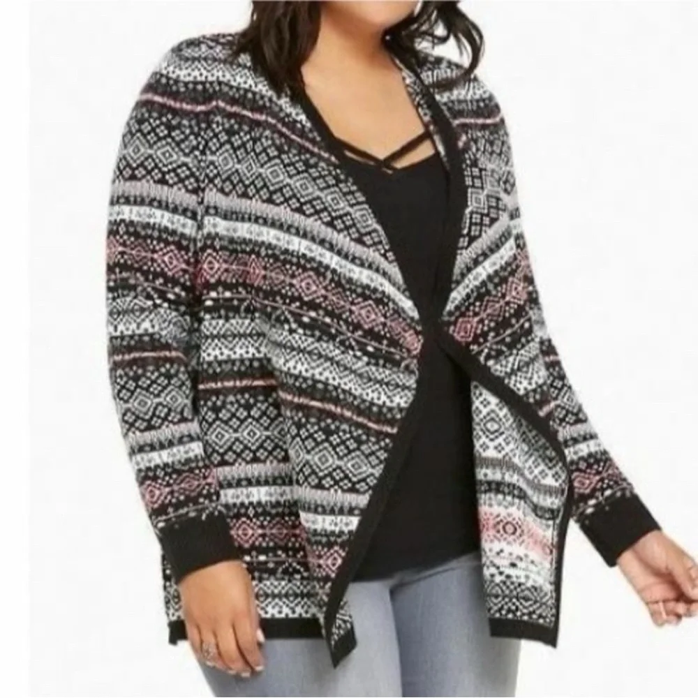 Torrid - Fair Isle Black Pink Open Front Drape Cardigan Sweater - Size 2 / 2X - Picture 1 of 8